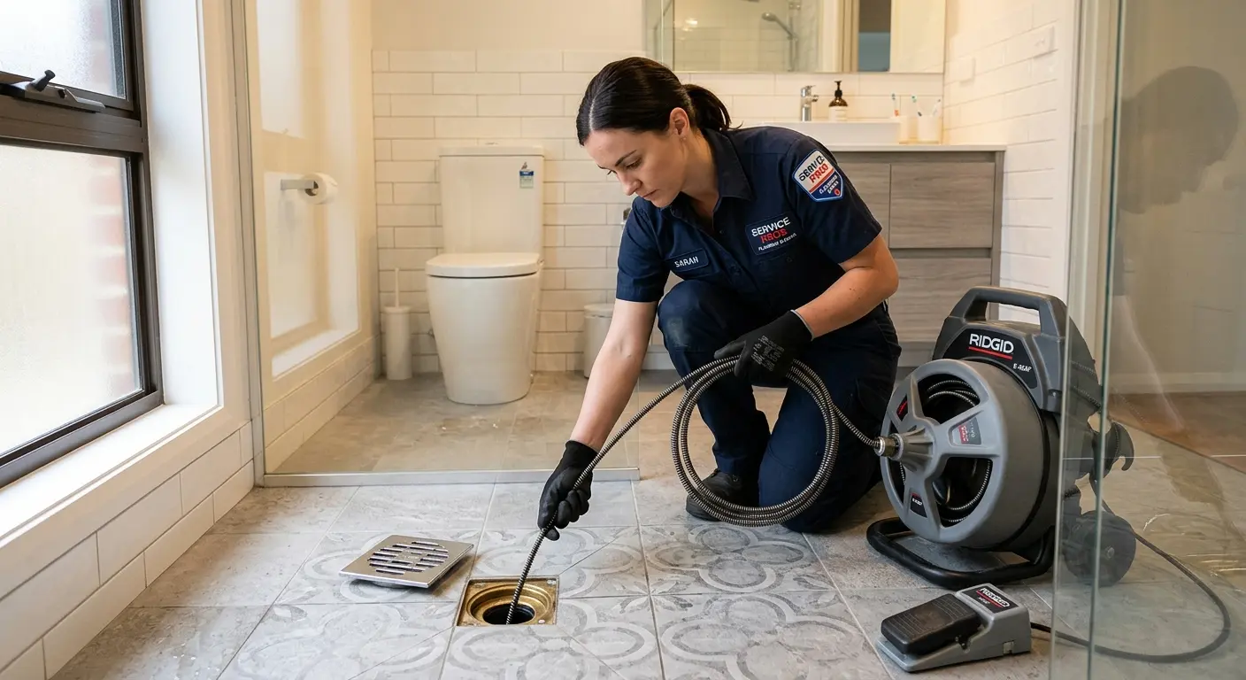 Technician clearing a bathroom floor drain for Sewer Line Replacement in Sparta